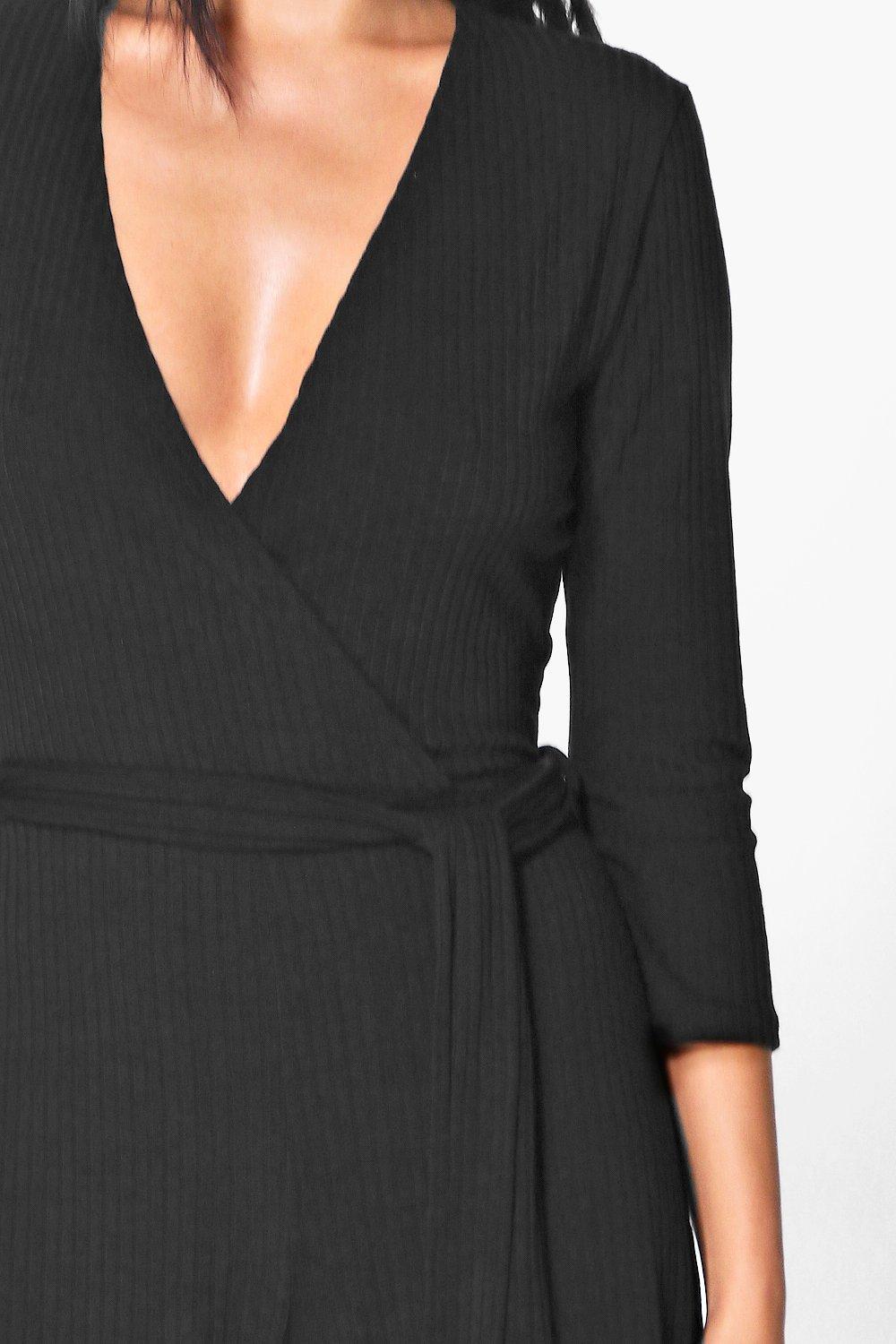 black ribbed wrap front culotte jumpsuit