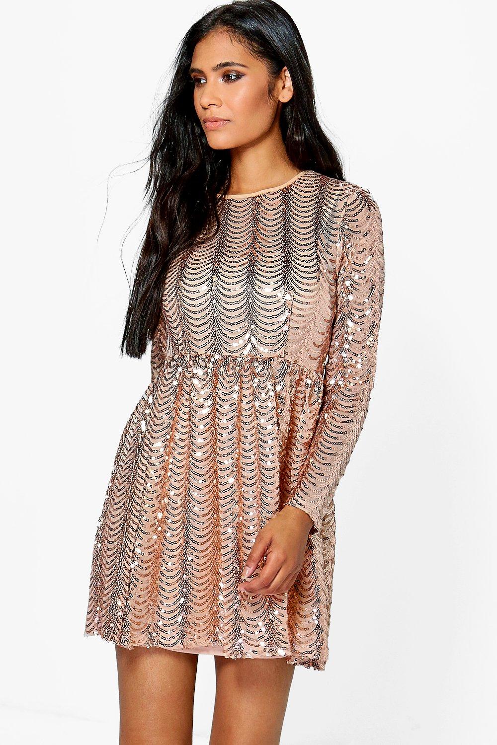 long sleeve sequin skater dress