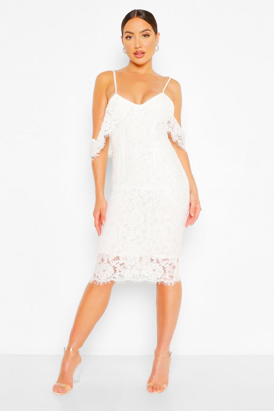White Lace Open Shoulder Midi Dress image number 1