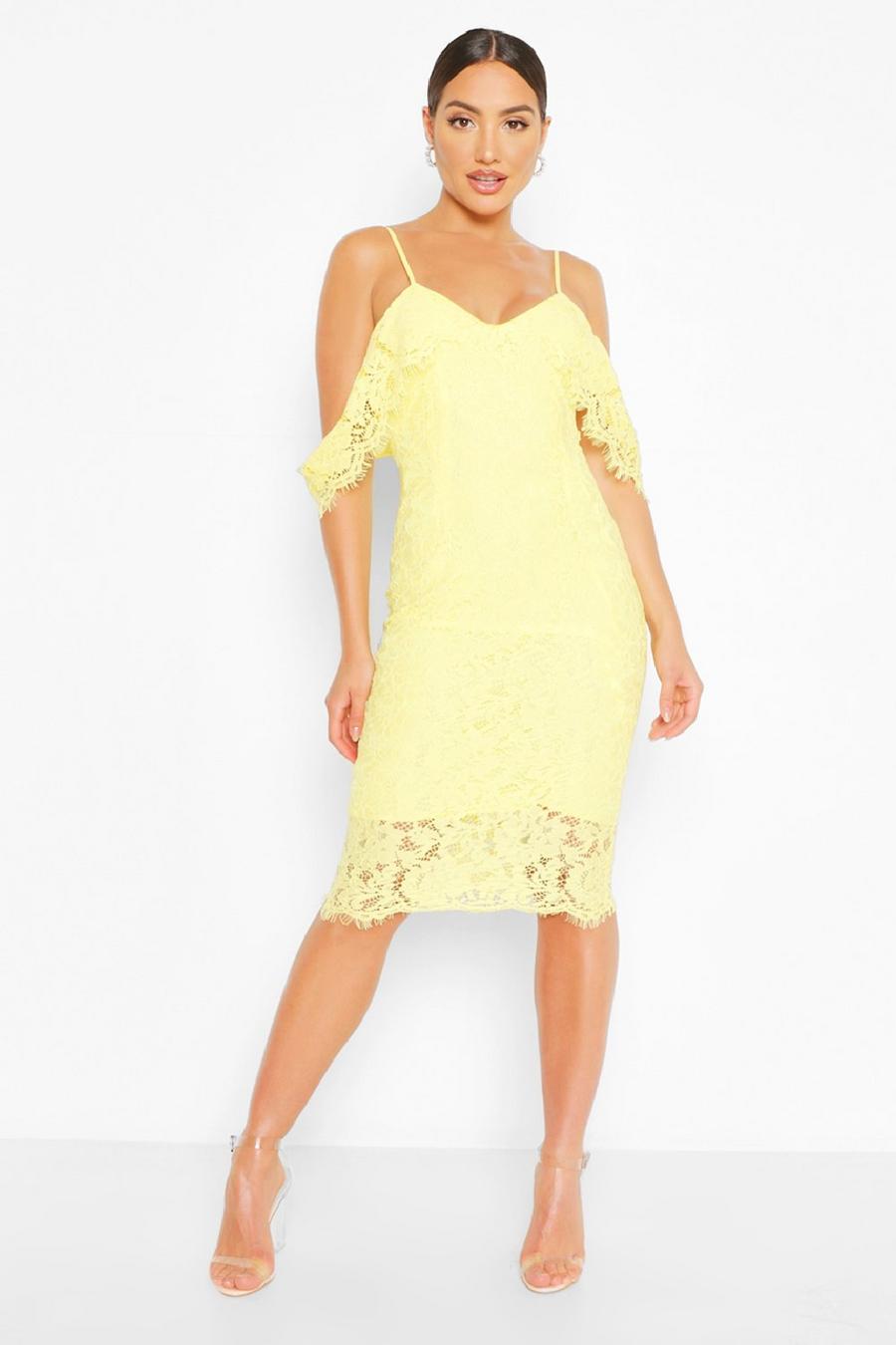 Yellow Lace Open Shoulder Midi Dress image number 1
