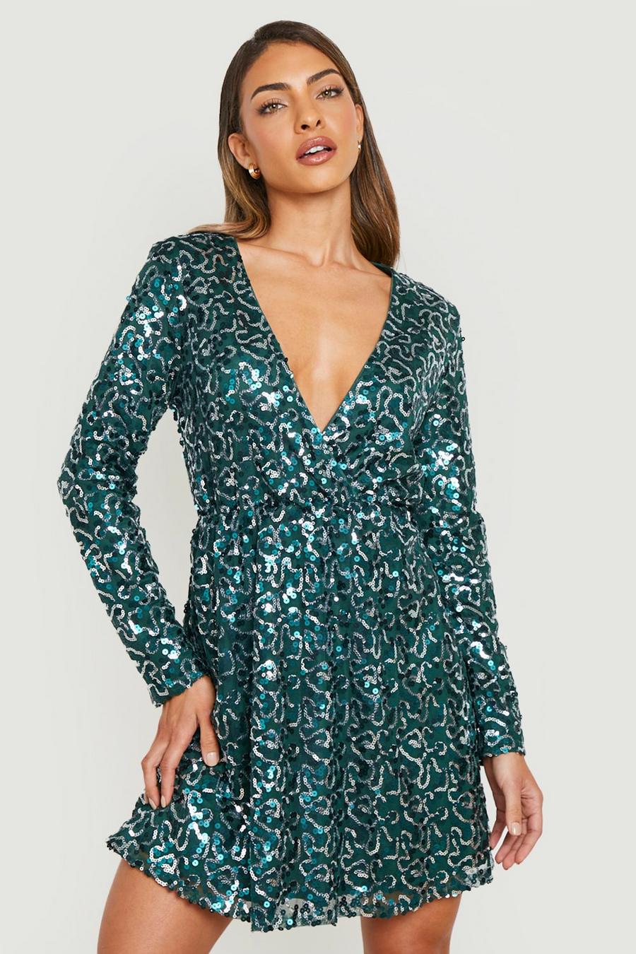 Emerald gerde Boutique Sequin Wrap Skater Party Dress