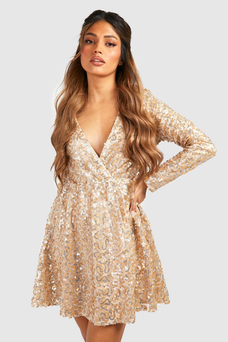 Gold metallizzato Boutique Sequin Wrap Skater Party Dress image number 1