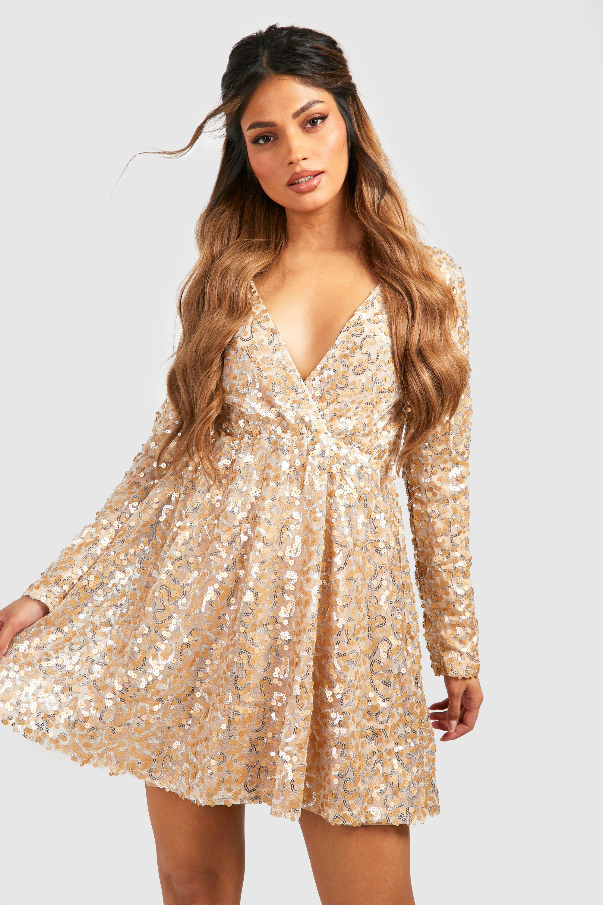 Spotlight Shine Sequin Wrap Dress in Gold  Sequin wrap dress, Gold sequin  dress outfit, Sequin dress outfit