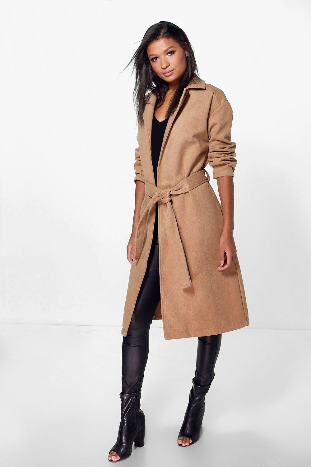 boohoo belted wool look trench