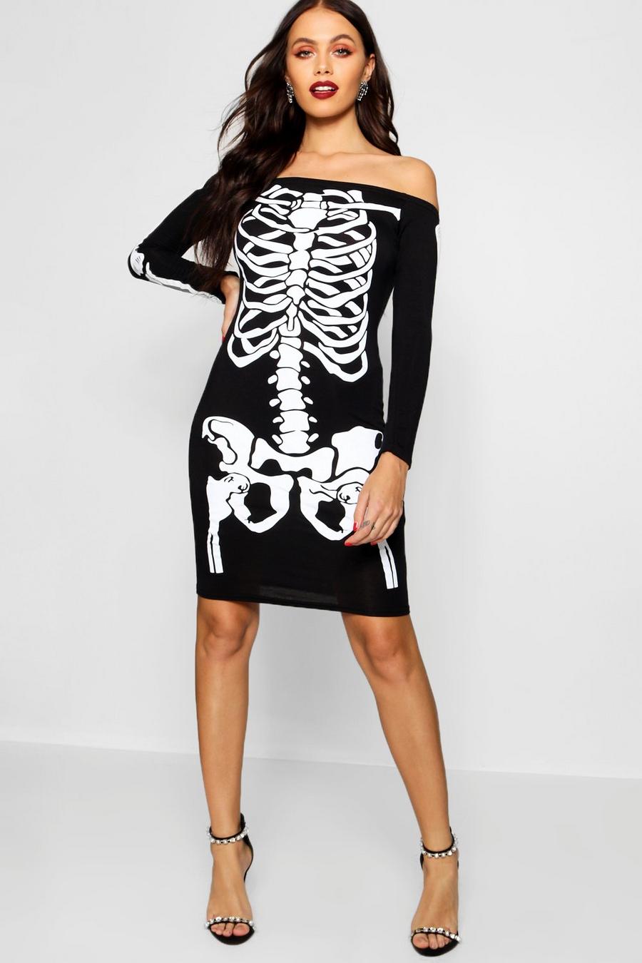Halloween Bodycon-Kleid mit Skelett-Print, Schwarz image number 1