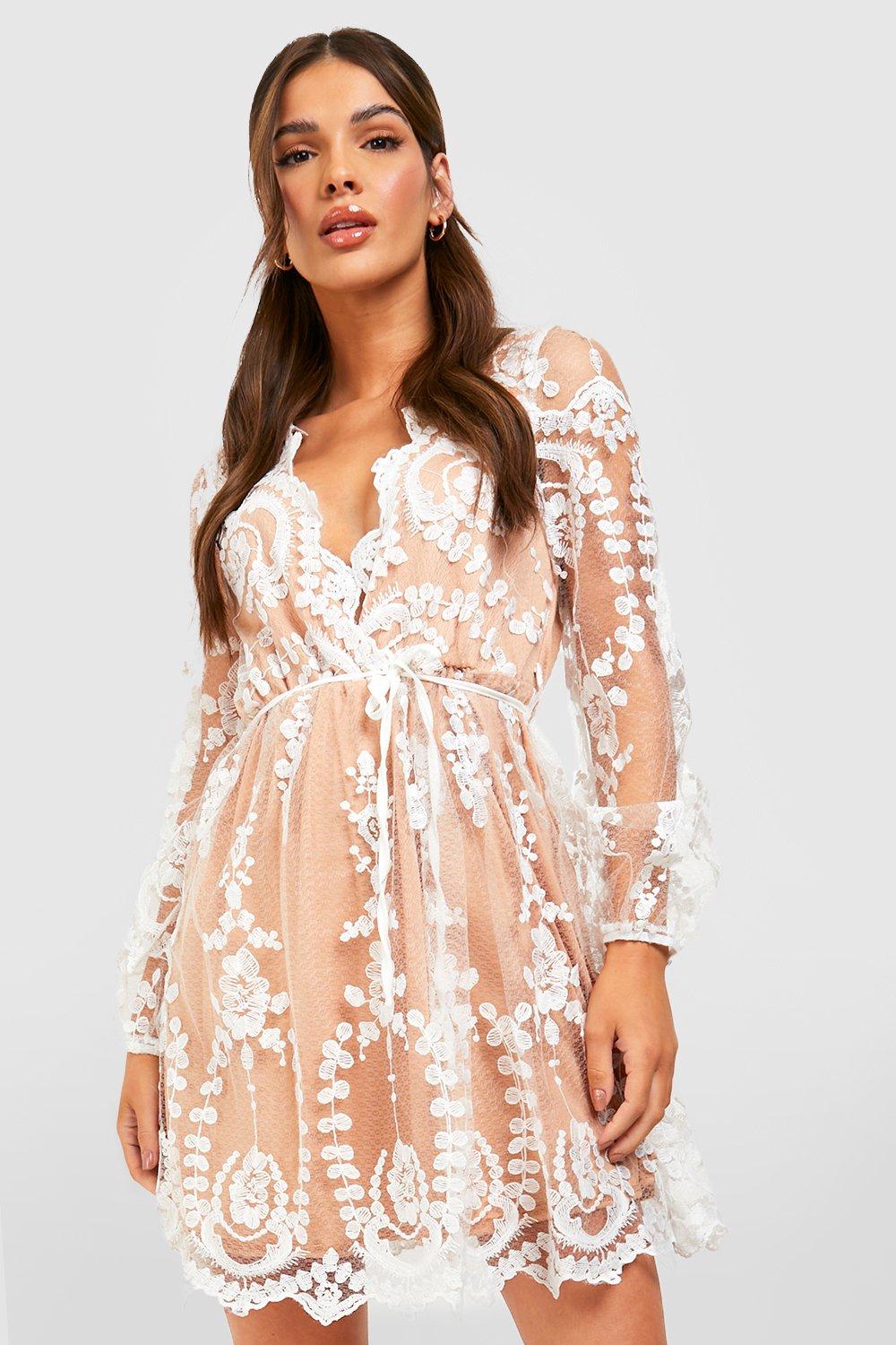 Boohoo lace skater dress with flared cuffs in white best sale