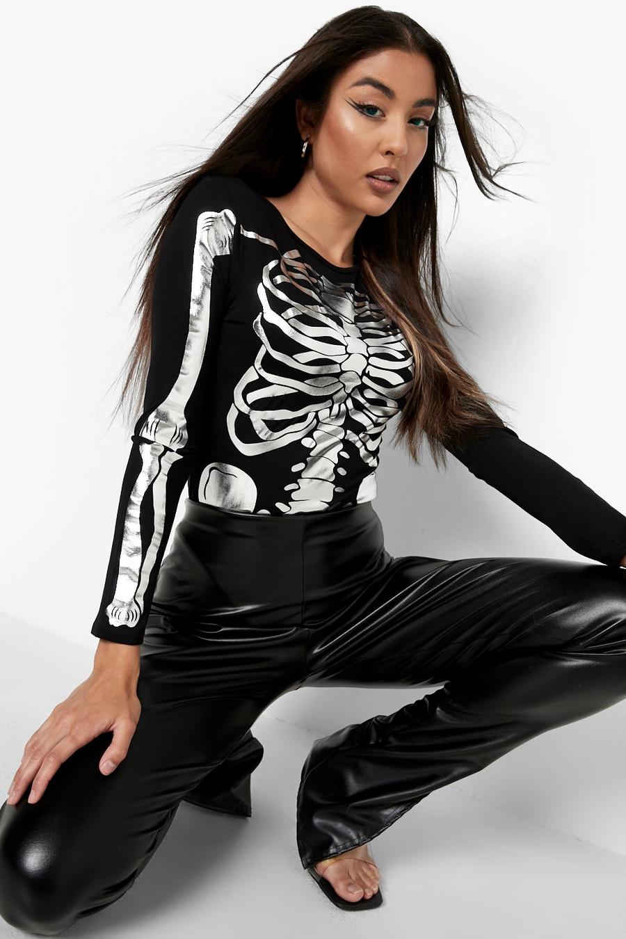 Black Halloween Metallic Skeleton Bodysuit image number 1
