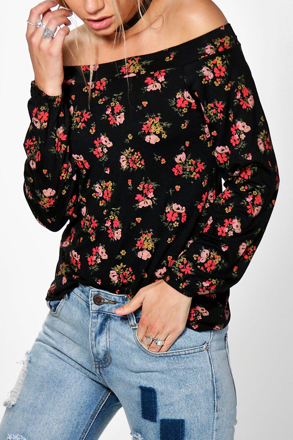 Lila Dark Floral Bardot Top boohoo NO