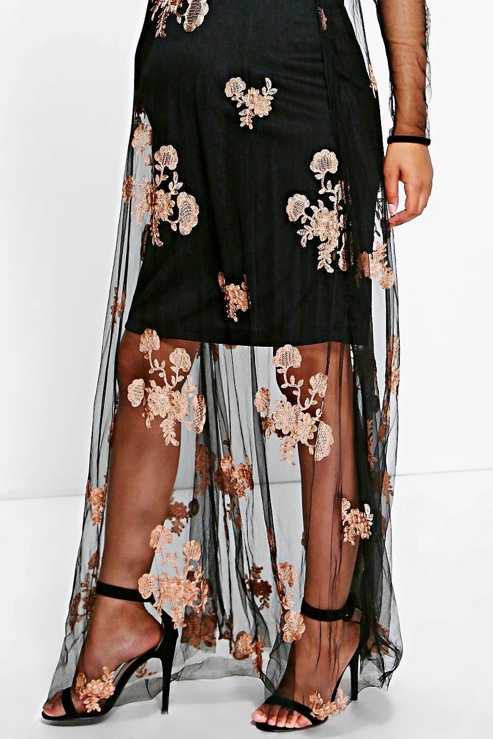 off shoulder embroidered mesh panel jumpsuit