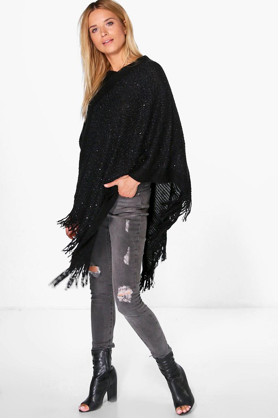 Black Lexi Sequin Knit Poncho image number 1