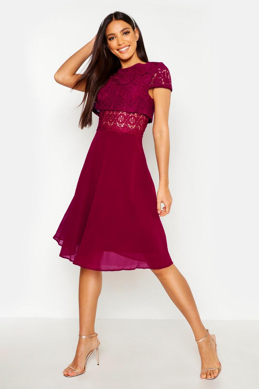 Berry red Lace Top Chiffon Skater Dress