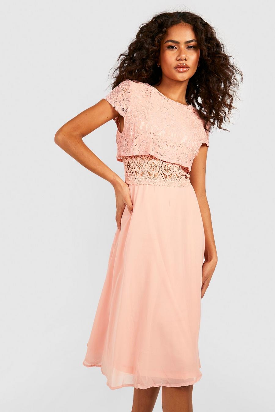 סמוק rosa שמלת סקייטר מבד שיפון עם טופ תחרה