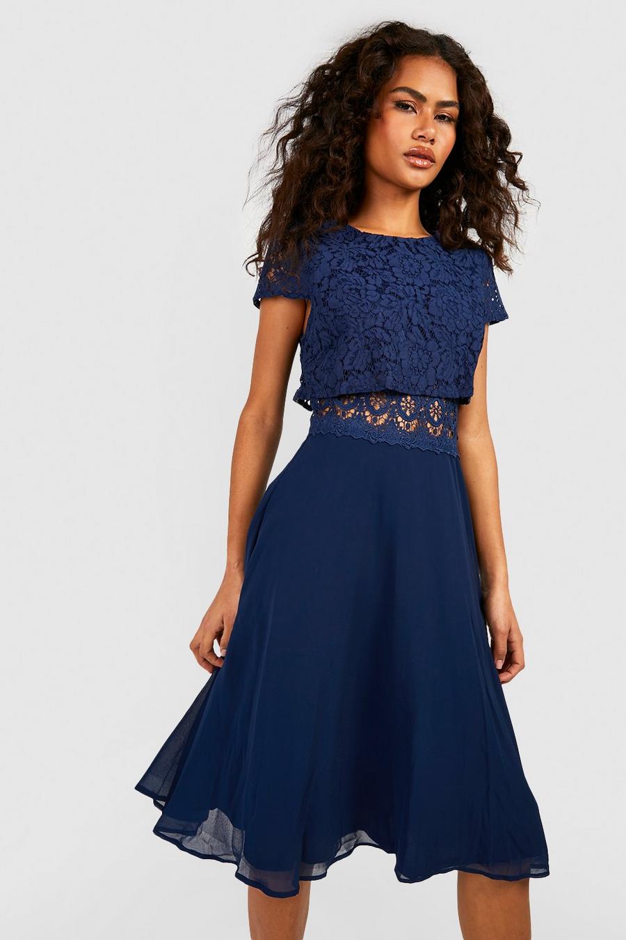Navy Lace Top Chiffon Skater Dress image number 1