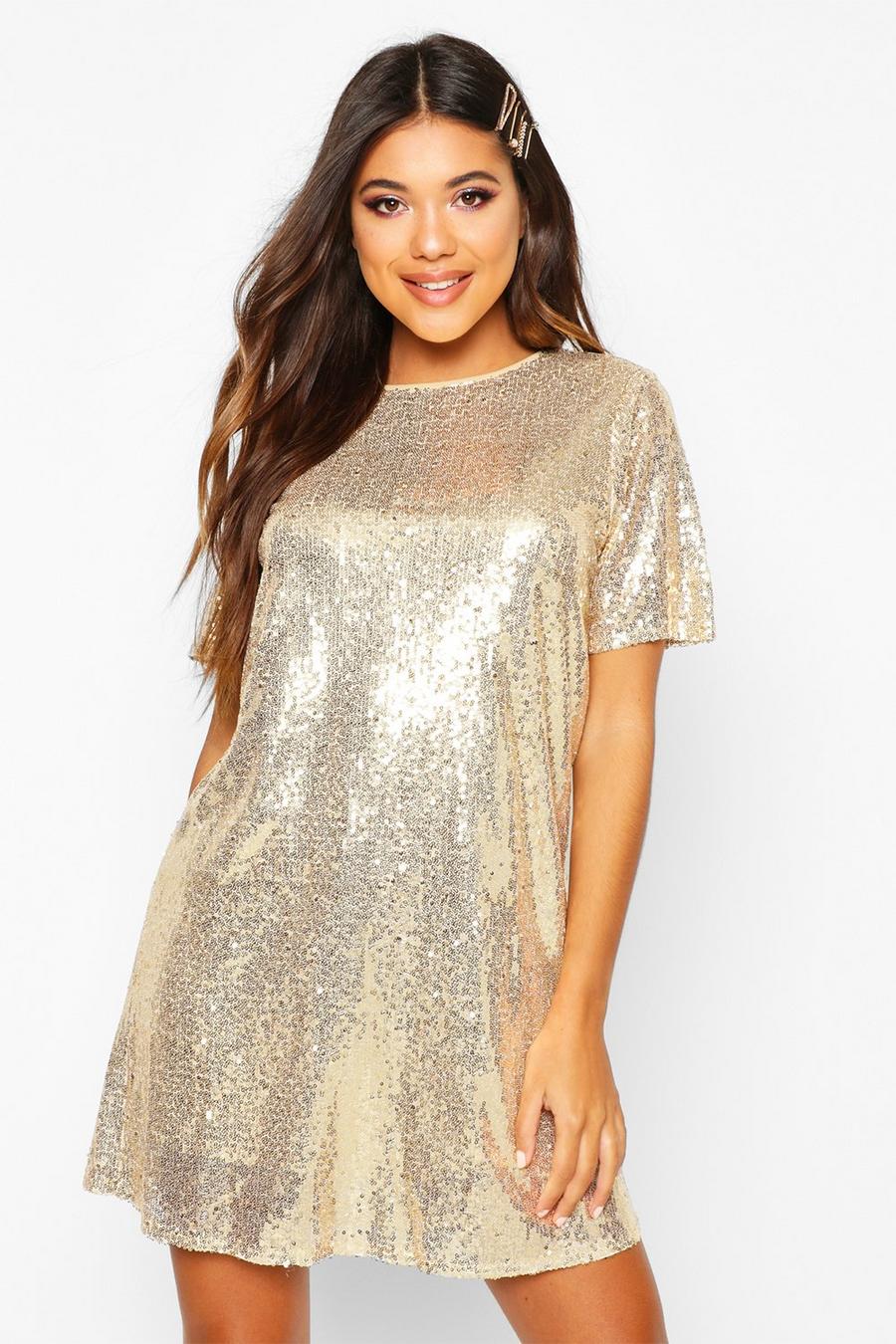 Gold metallic Boutique Sequin T-Shirt Party Dress image number 1