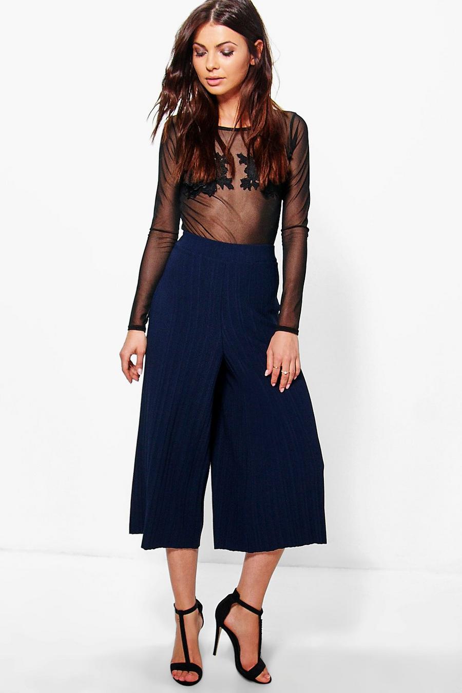 Navy Xandra Pleated Crepe Wide Leg Culottes image number 1