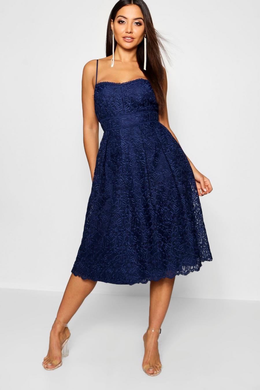 Navy Boutique Embroidered Strappy Midi Skater Dress image number 1