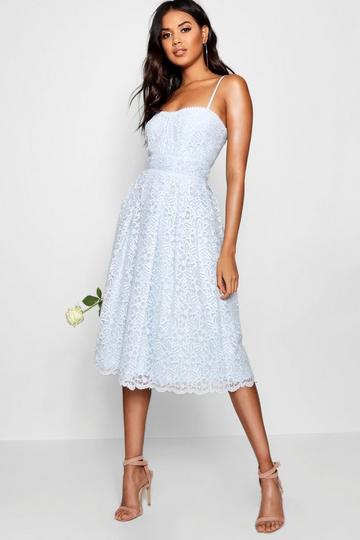 Sky Blue Boutique Embroidered Strappy Midi Skater Dress