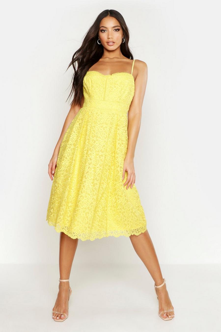 Robe patineuse mi-longue avec broderie, Yellow image number 1