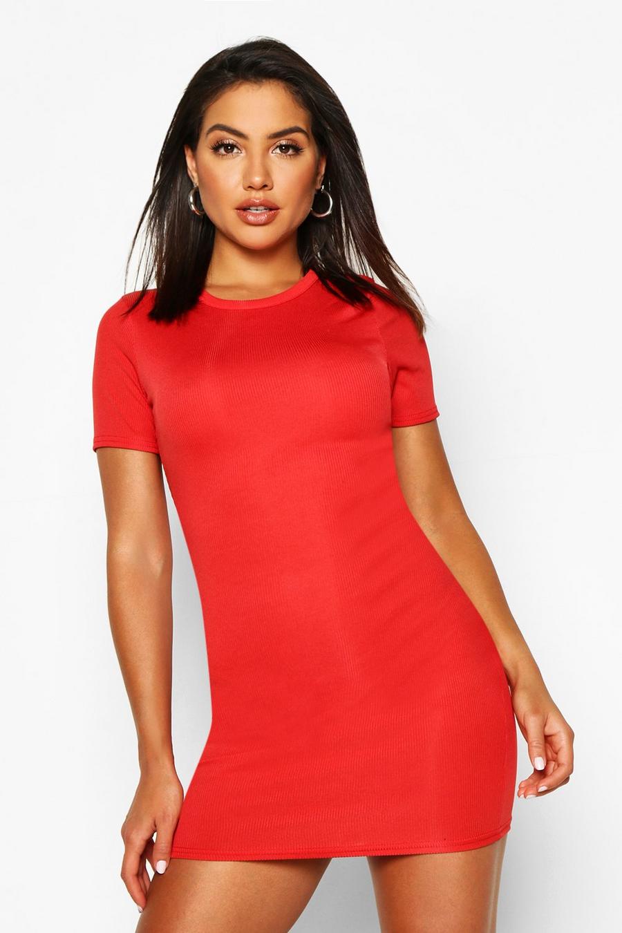 Fire red Basic Rib Crew Bodycon Dress image number 1
