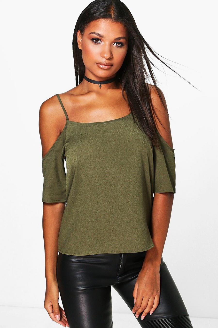 Khaki Aria Woven Cold Shoulder Top image number 1