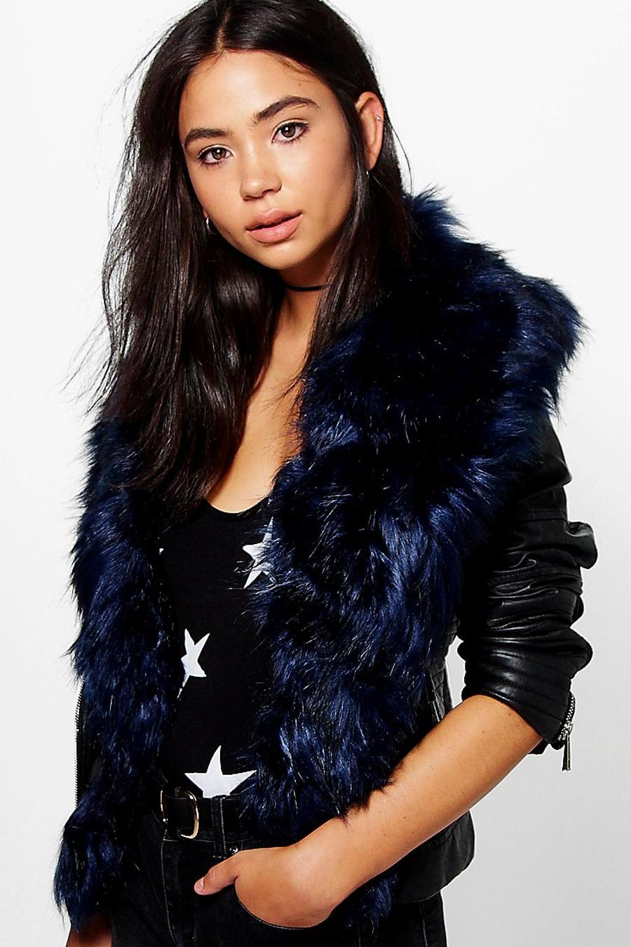 Blue Saskia Boutique Faux Fur Trim Moto Jacket image number 1