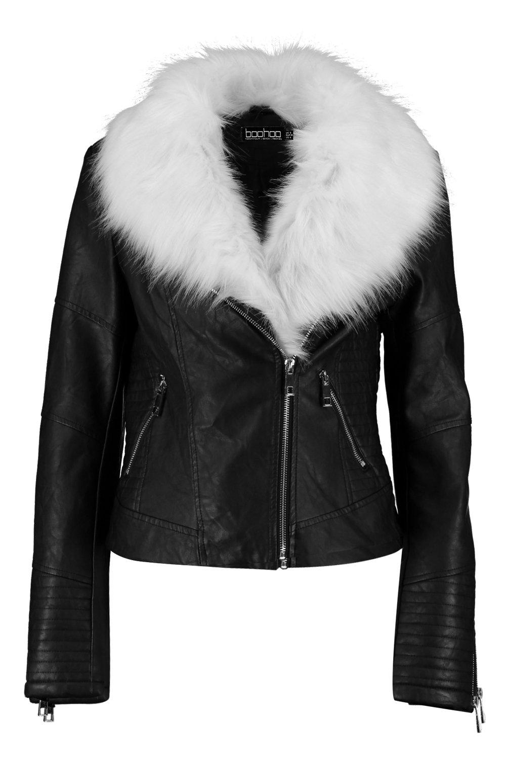 Saskia Boutique Faux Fur Trim Moto Jacket