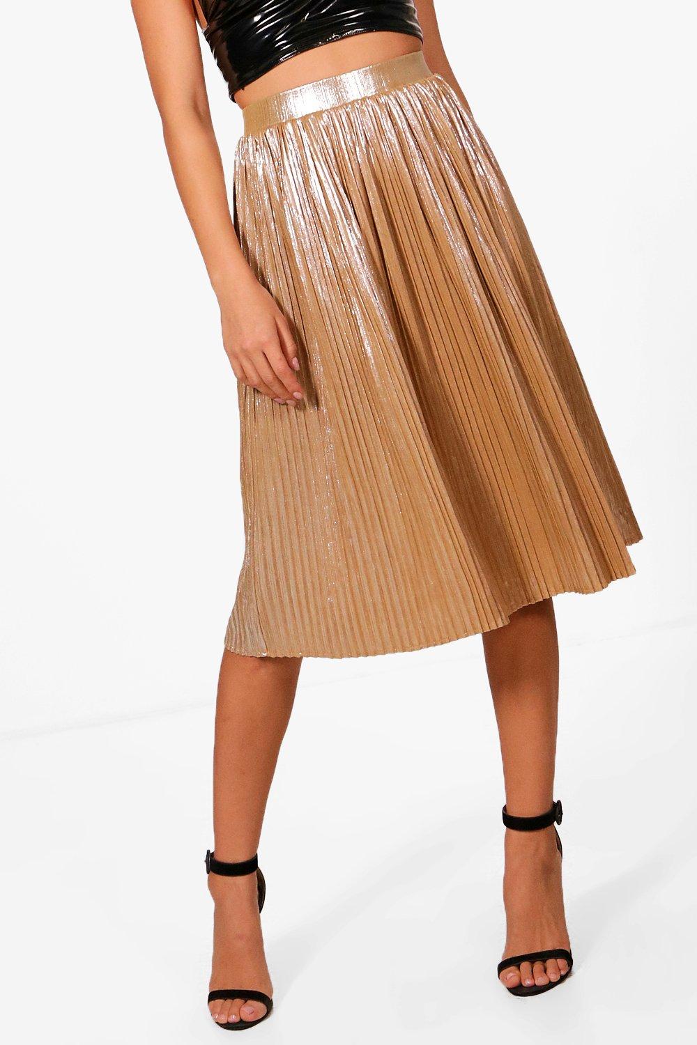 Metallic Pleated Midi Skirt