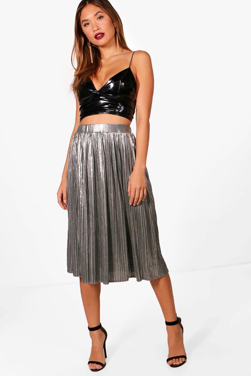 silver metallic pleated midi skirt