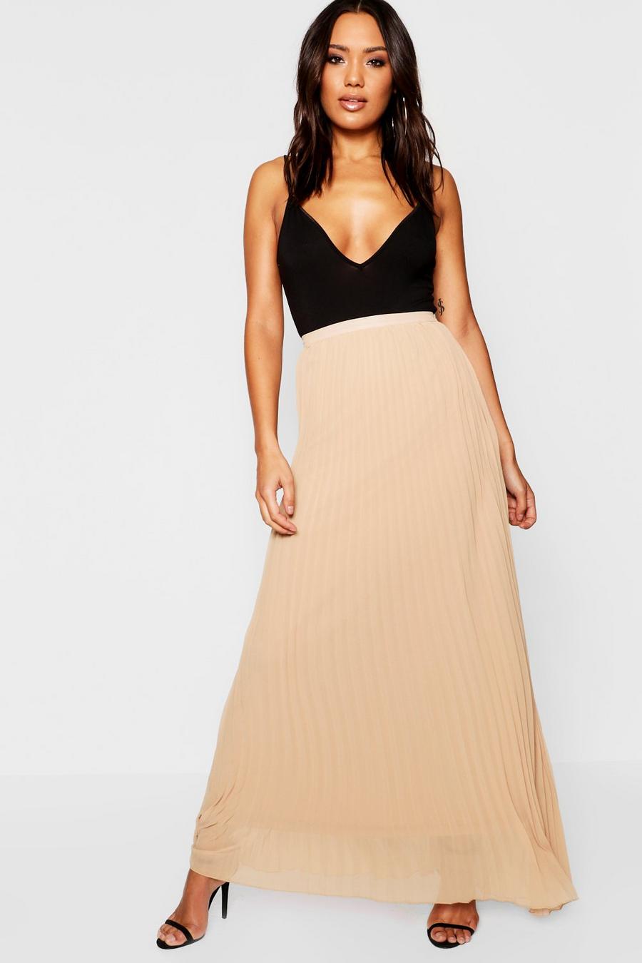 Camel beige Chiffon Pleated Maxi Skirt image number 1