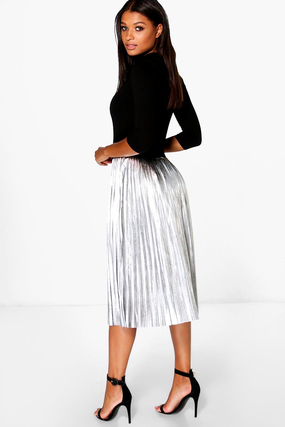 Metallic Pleated Midi Skirt