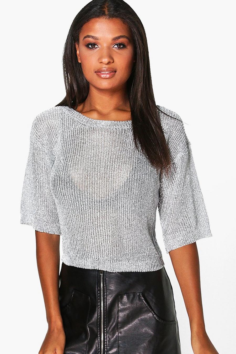 Silver Charlotte Short Sleeve Metallic Knit Top image number 1