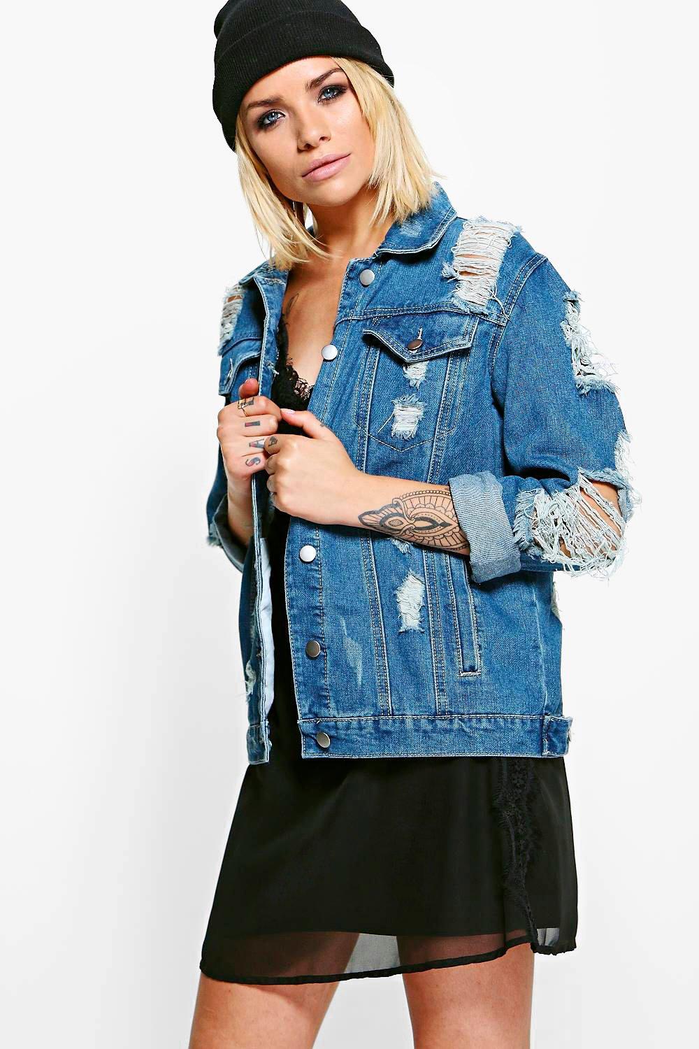 dark blue distressed denim jacket