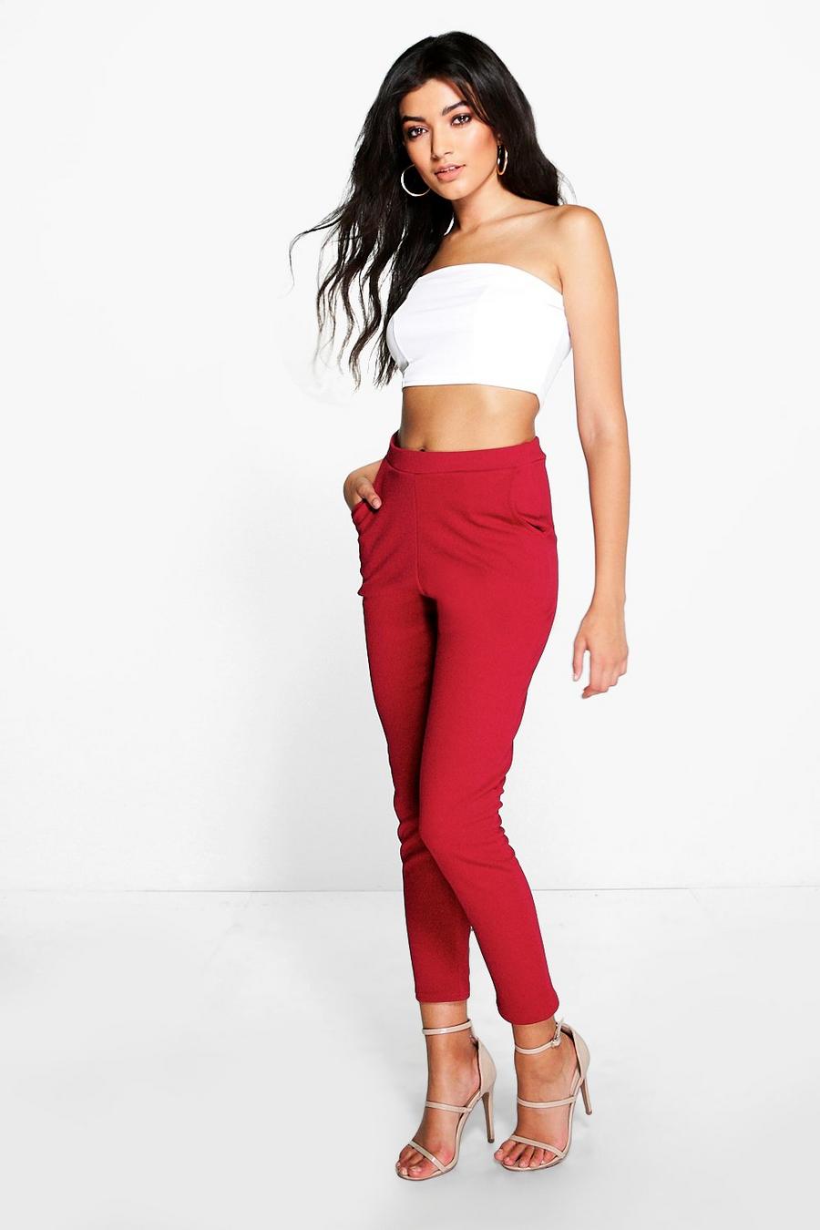 Pantalones pitillo básicos súper elásticos de tela crepé, Mora rojo image number 1