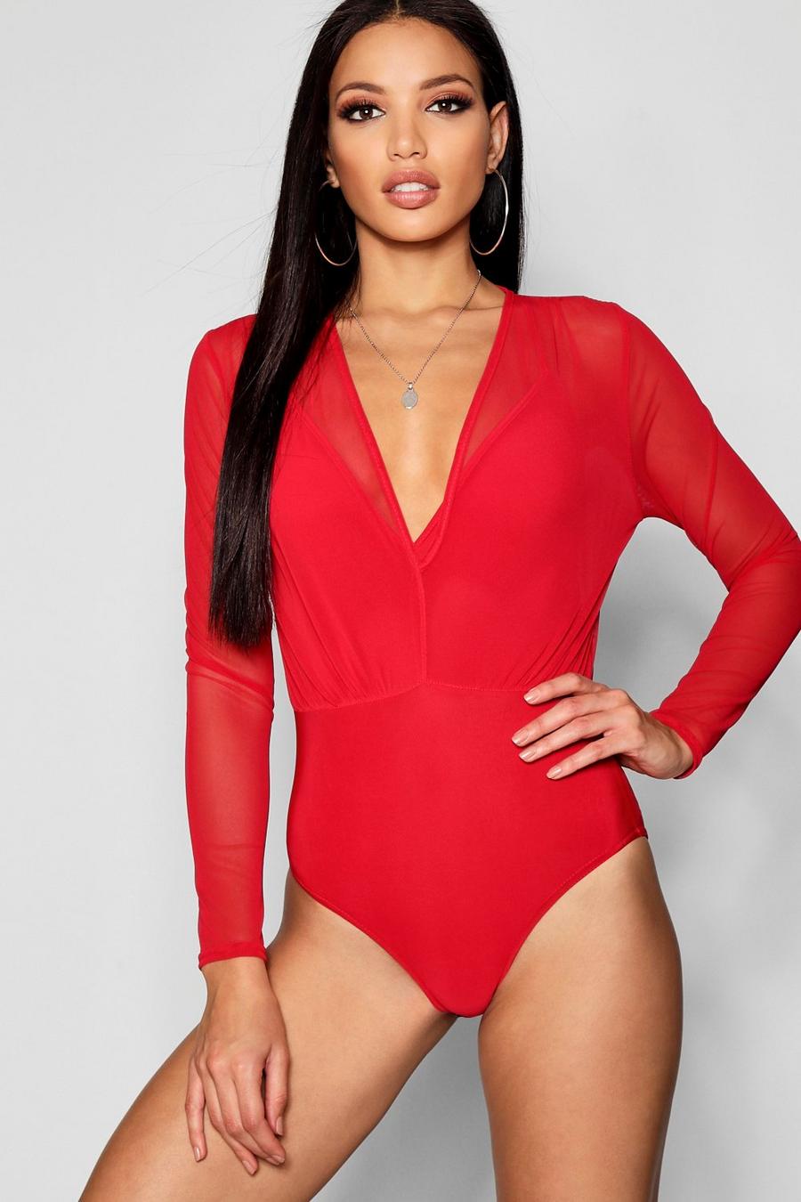Red Mesh 2 In 1 Strappy Bodysuit image number 1