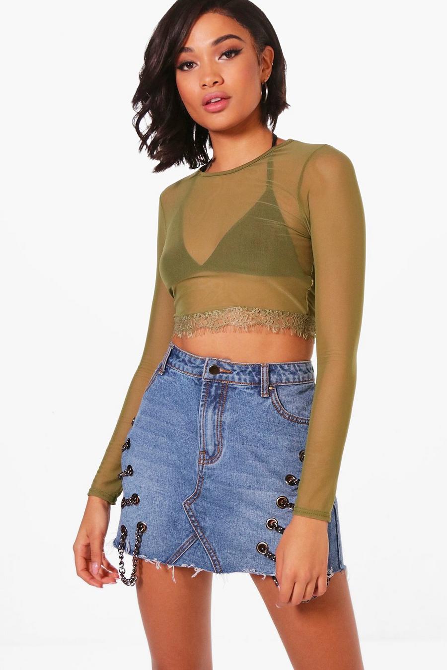Daisy Long Sleeve Lace Trim Mesh Crop image number 1