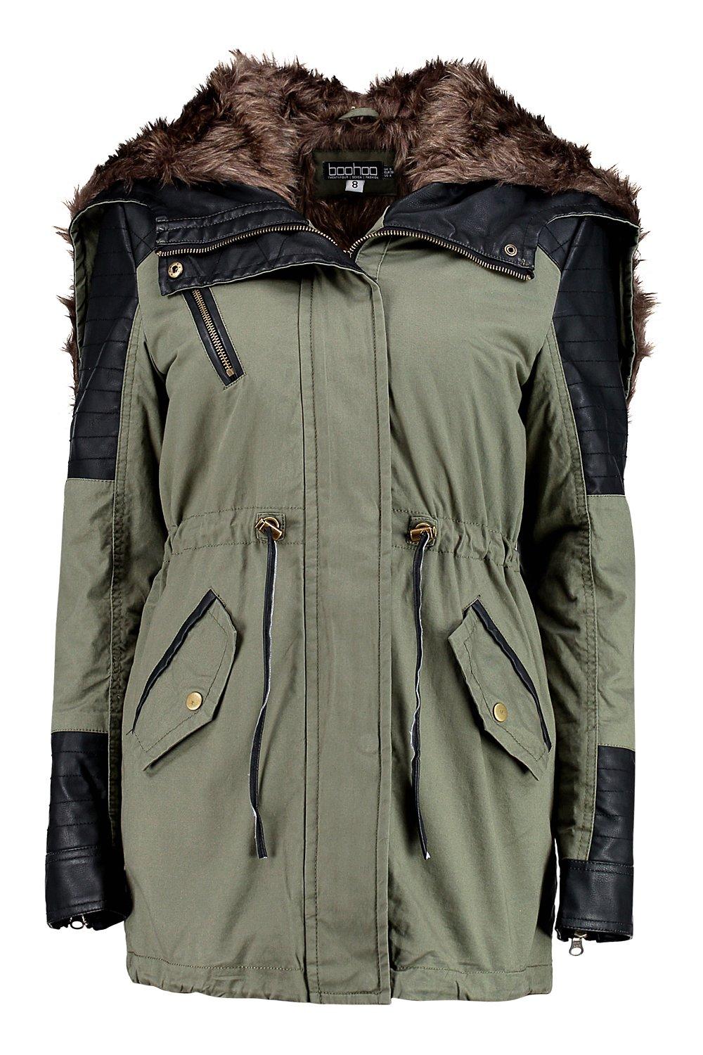 khaki faux fur lined parka