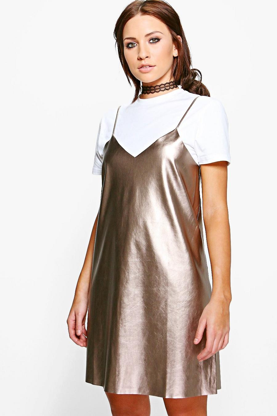 Bronze metallic Melody Metallic Faux Leather Slip Dress image number 1