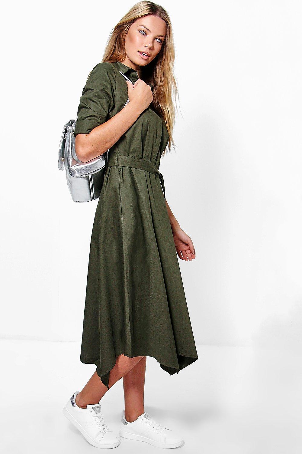 khaki belted shirt dress