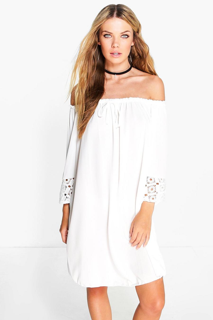 White Off Shoulder Crochet Sleeve Dress