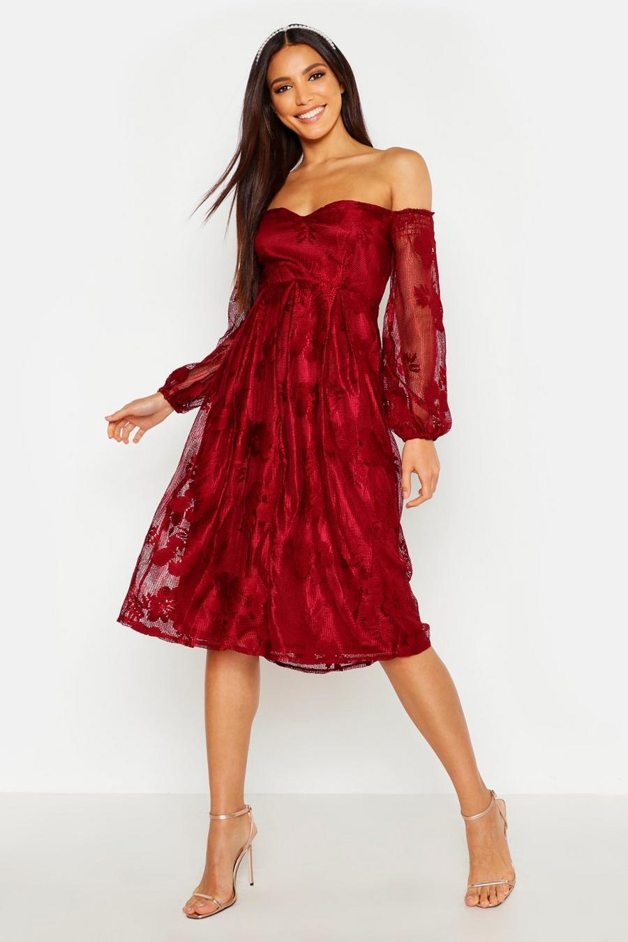 Berry red Boutique Lace Bardot Midi Bridesmaid Dress