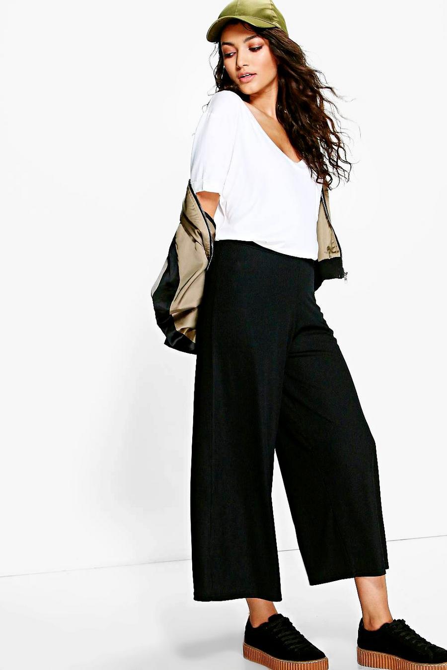 Black Baha Ribbed Wide Leg Cropped Trousers image number 1