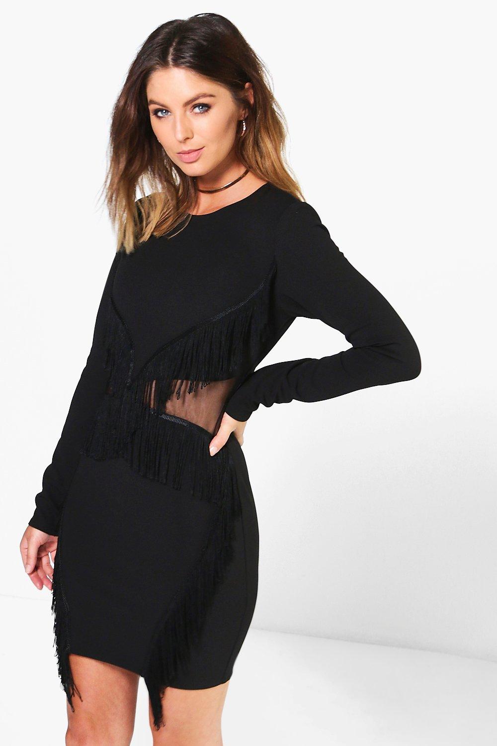 black long sleeve tassel dress