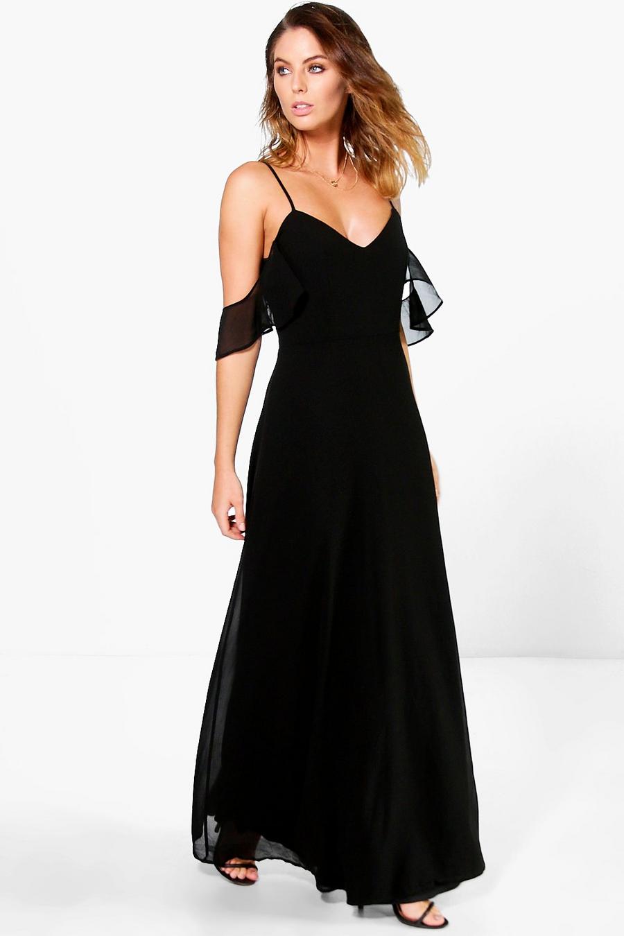 Black Chiffon Strappy Cold Shoulder Maxi Bridesmaid Dress image number 1