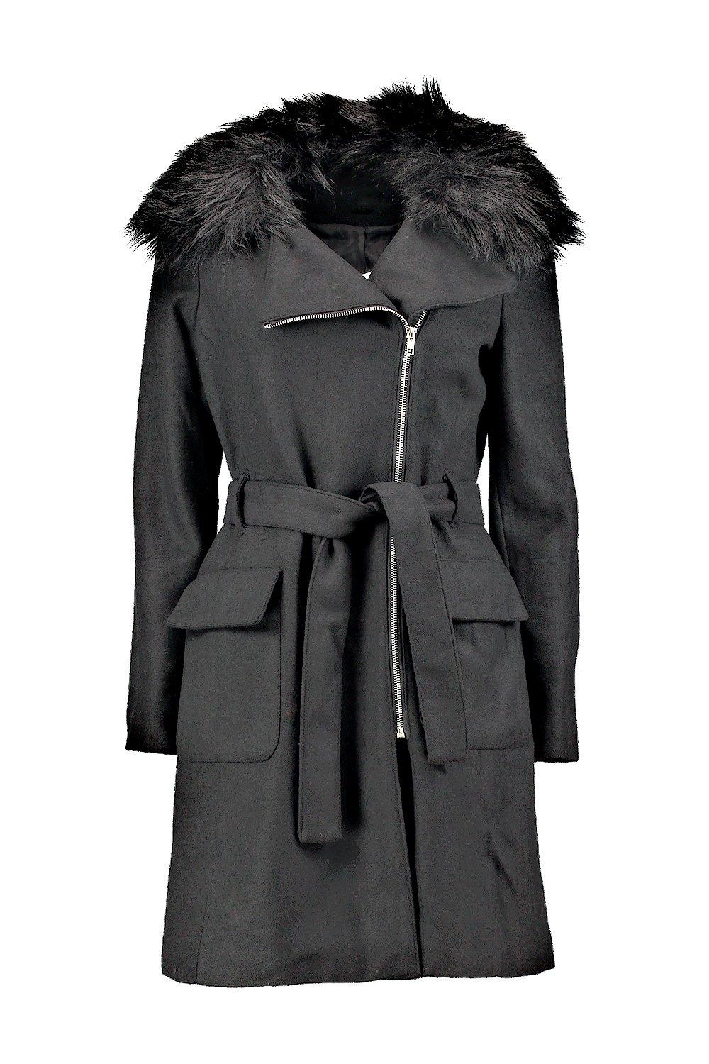 fur collar belted coat