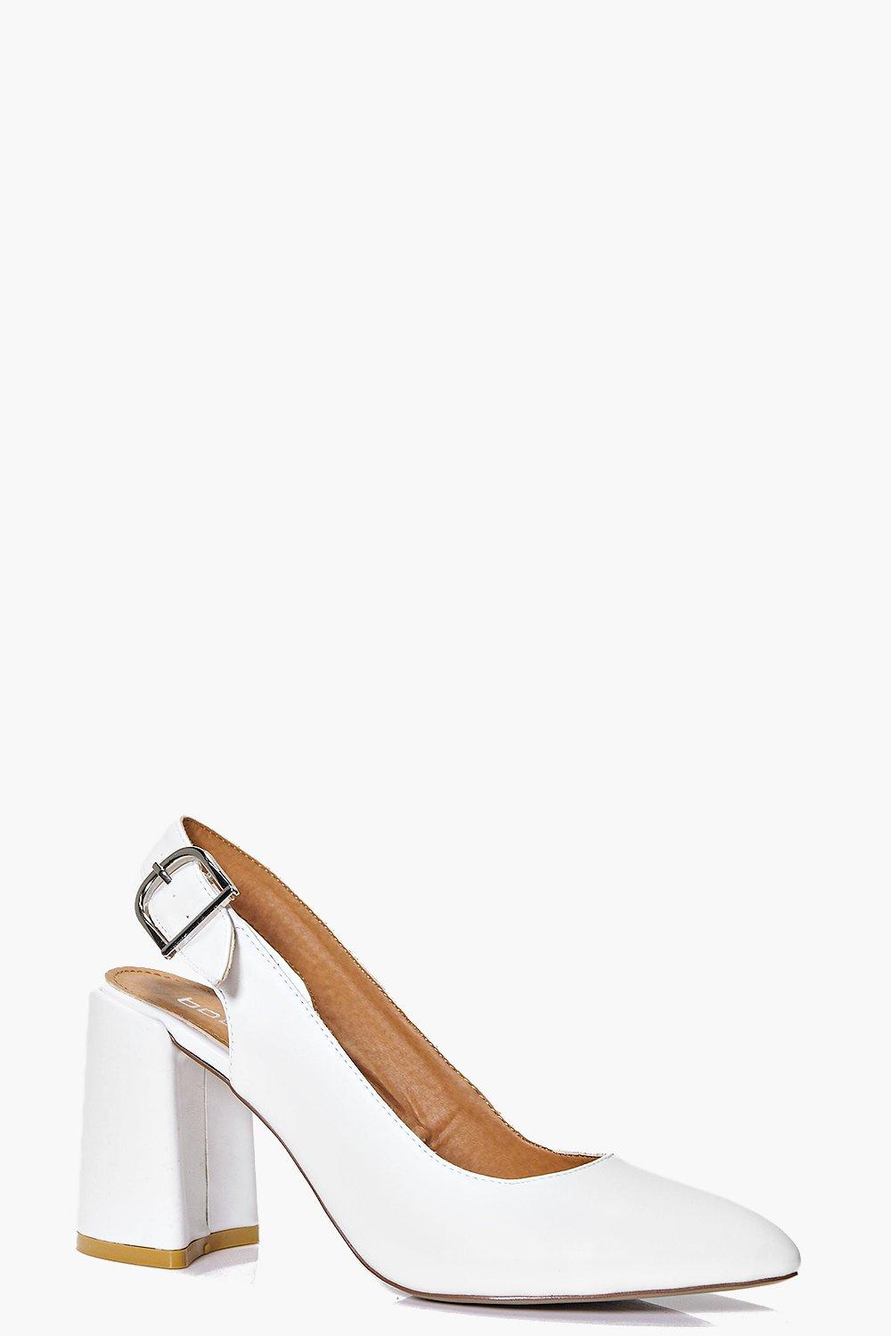 white pointed block heels