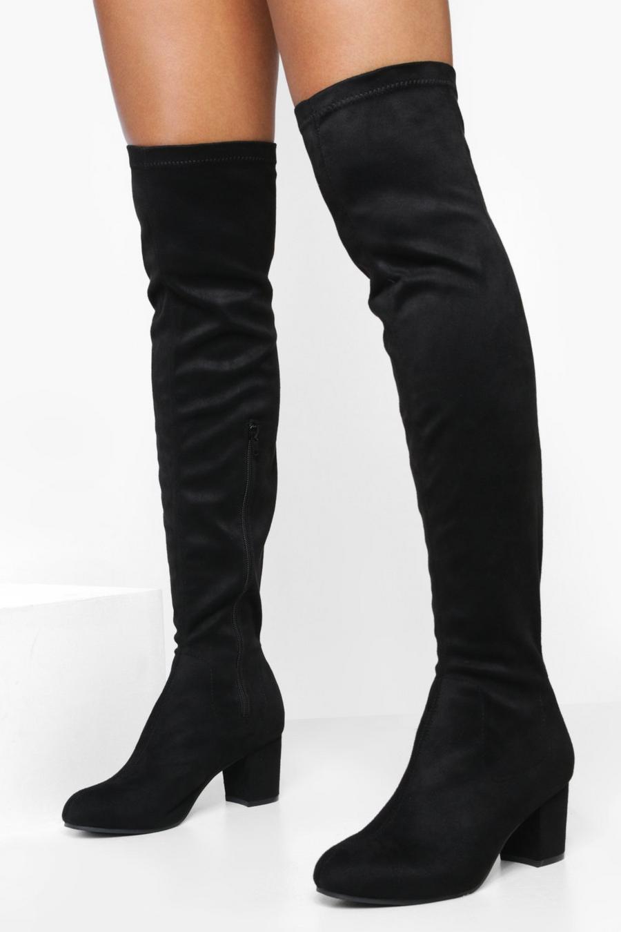 Kniehohe Stiefel mit Stretch und Blockabsatz, Schwarz noir