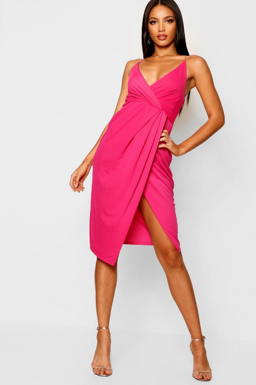Hot pink Midiklänning i omlottmodell med smala axelband image number 1