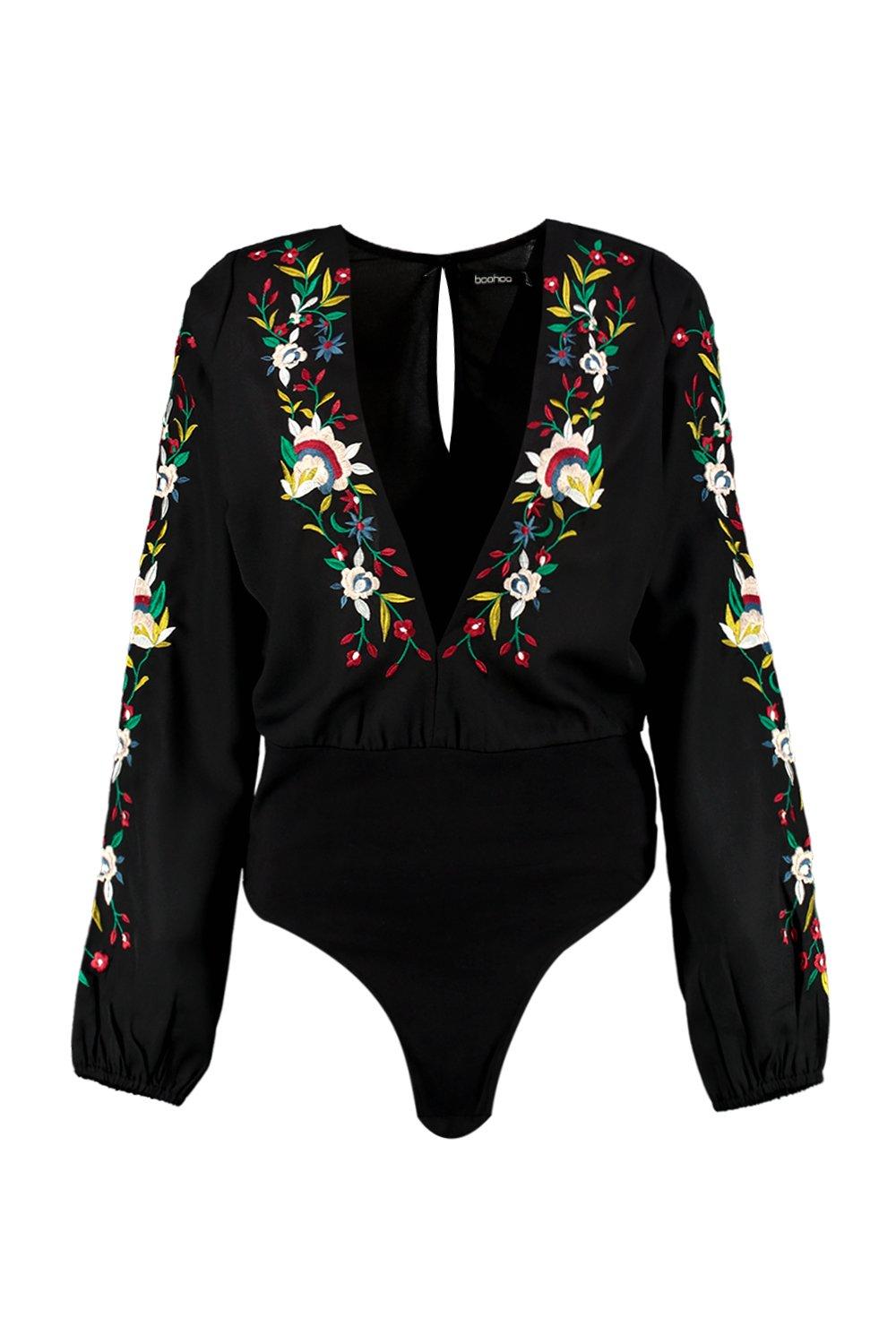 Roxy Boutique Embroidered Plunge Bodysuit