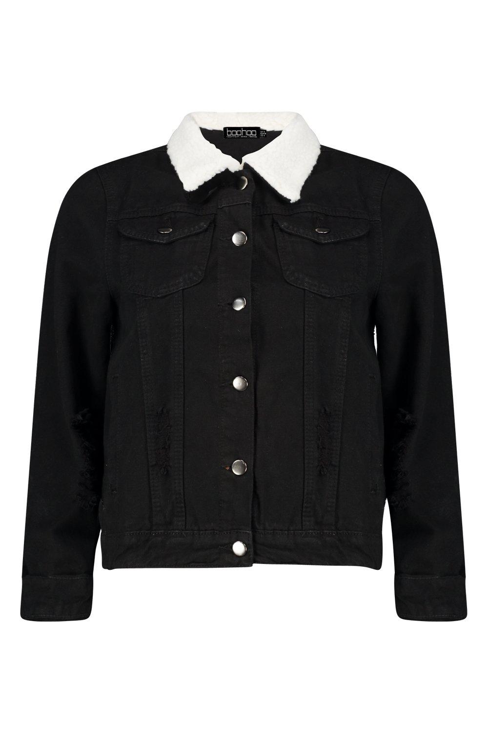 Black denim jacket borg collar outlet womens