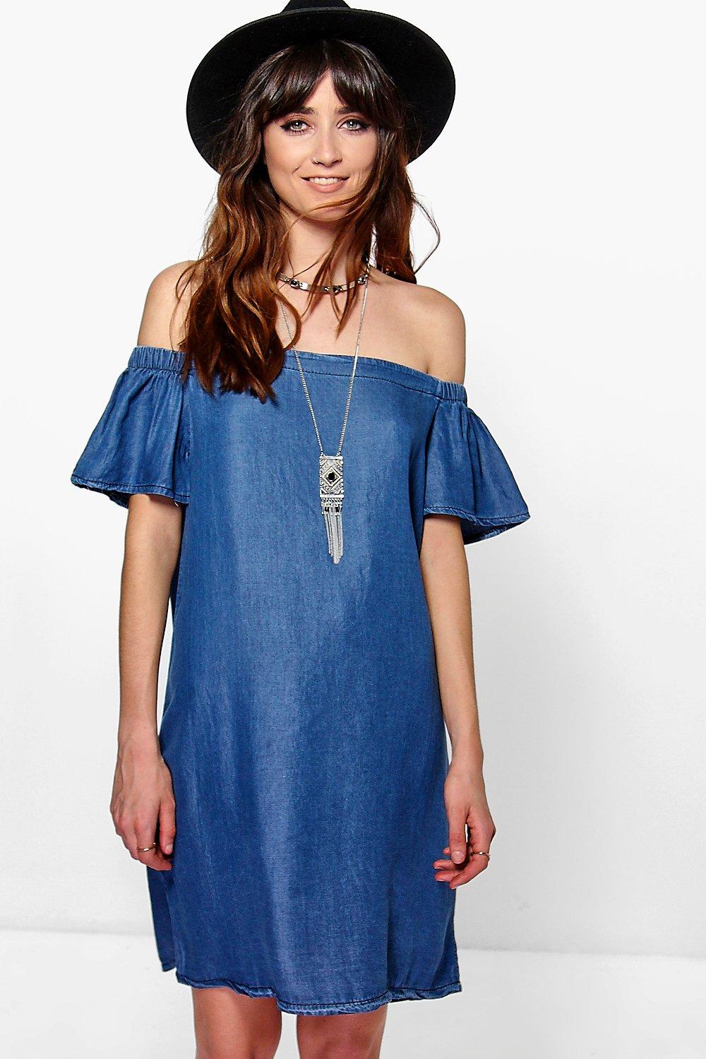 boohoo off the shoulder denim dress